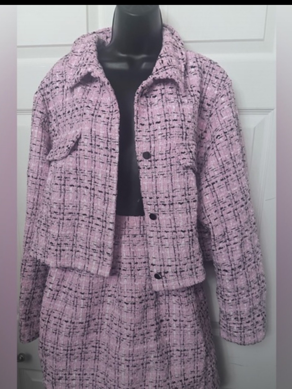 Pink Tweed Matching Set Jacket Skirt | Preppy Chic Outfit | Textured Blazer Set